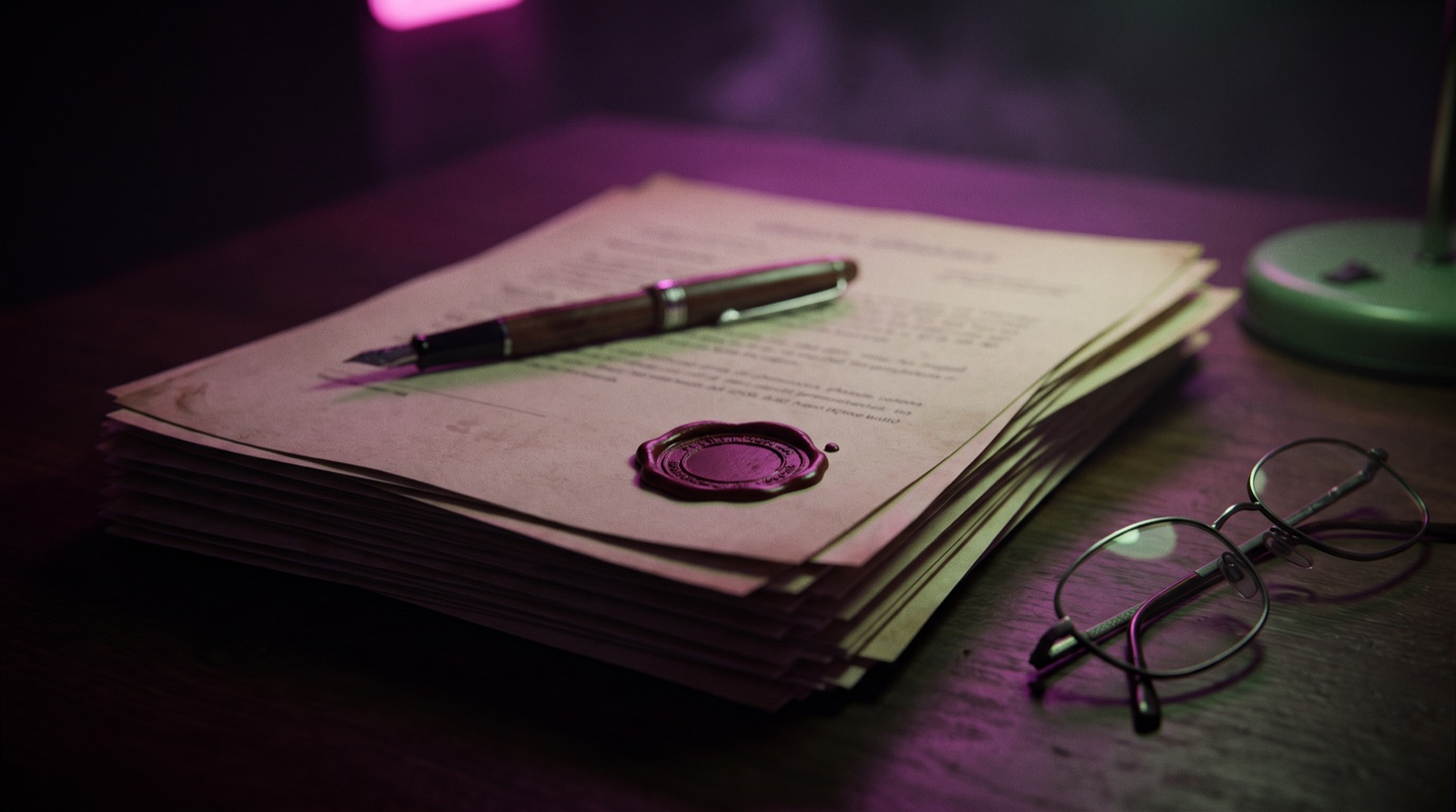 A stamped regulatory file under magenta light
